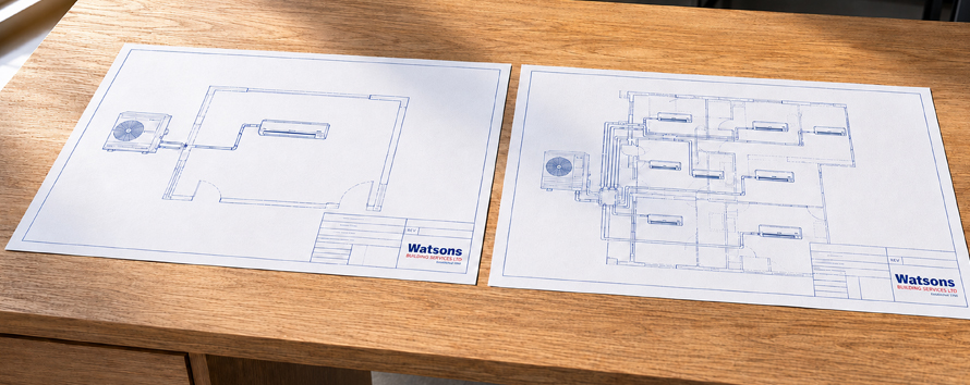 Side-by-side plans for split and VRF air conditioning systems.