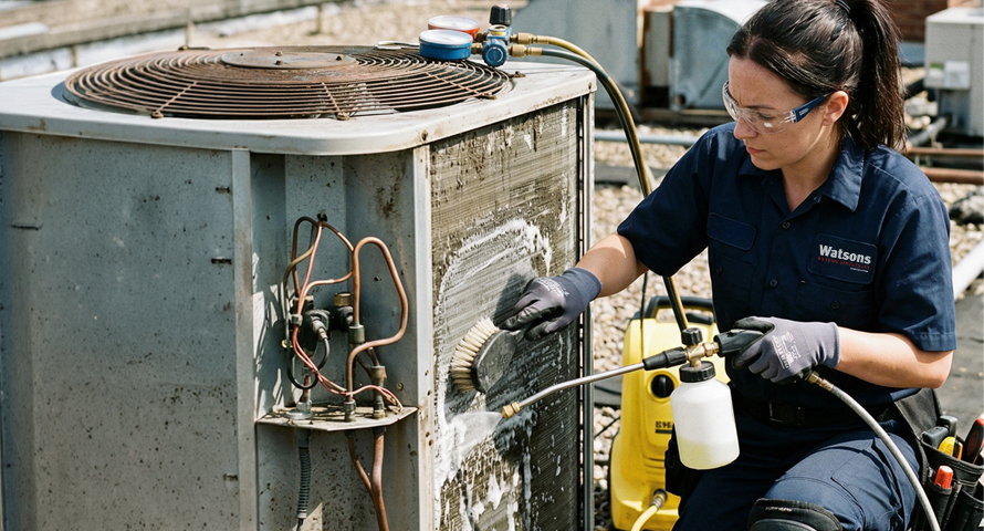 A Watsons engineer cleaning the coils of an outdoor air conditioning unit.