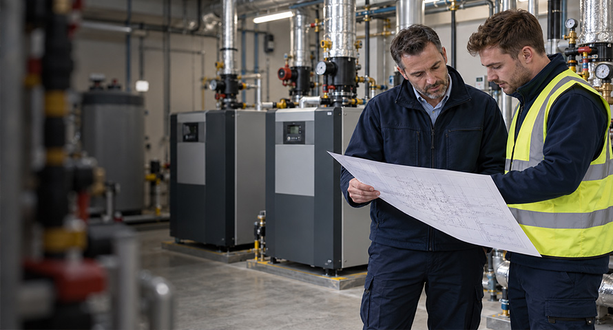 Facilities manager and heating engineer reviewing technical plans beside commercial boilers in a plant room.